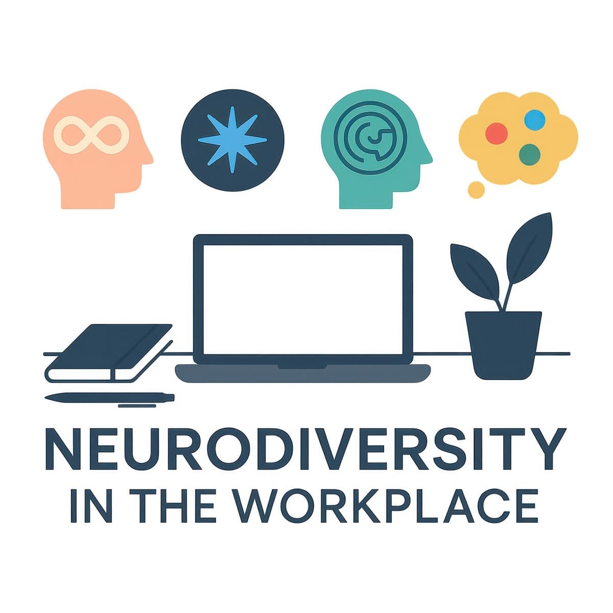 Neurodiversity in the workplace illustration featuring diverse minds, workspace, and inclusive tools